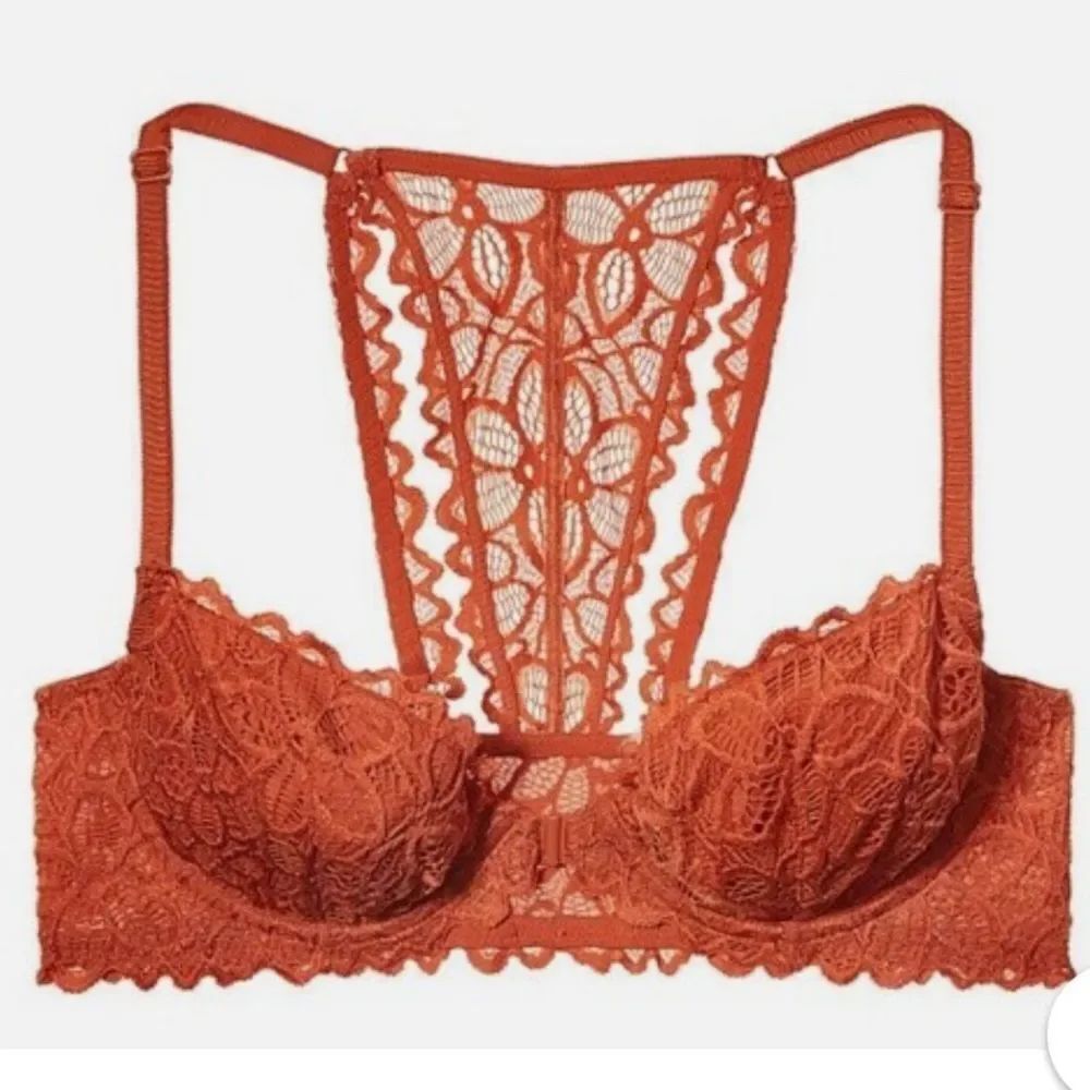 Victoria’s Secret Pink Date Racerback sexy unlined floral lace bra clay 34B